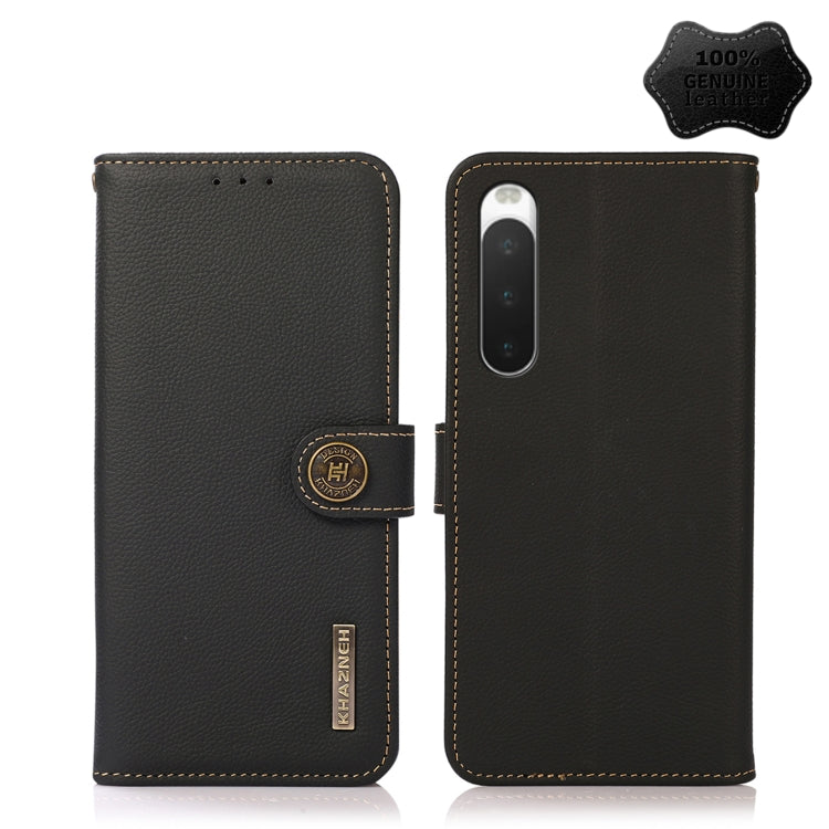 KHAZNEH genuine leather flip phone case, black, with magnetic strap and stitched edges
