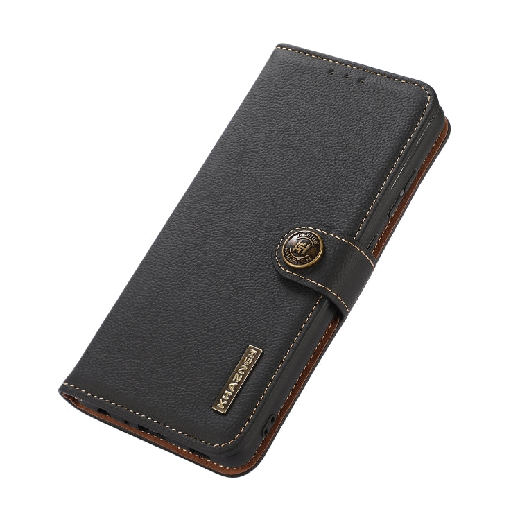 KHAZNEH genuine leather flip phone case, black, angled view with stitched border