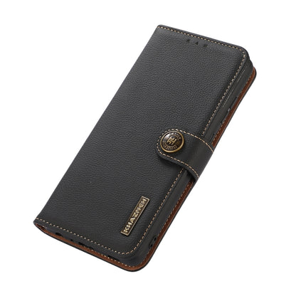 KHAZNEH genuine leather flip phone case, black, angled view with stitched border