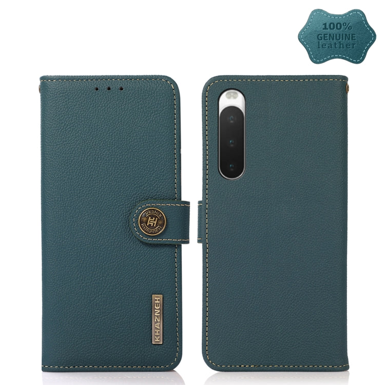 Genuine leather RFID phone case, teal green, flip cover with camera cutout