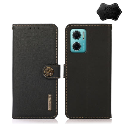 KHAZNEH genuine leather flip phone case, black, with magnetic strap and camera opening