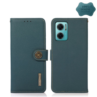 Genuine leather RFID phone case, teal green, folio with camera window on back