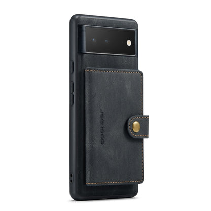 Magnetic detachable wallet phone case, black leather-style flip cover with snap strap