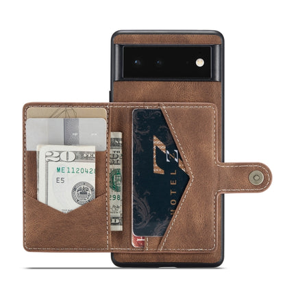 Magnetic detachable wallet phone case, brown leather-style with card pockets and wrist strap