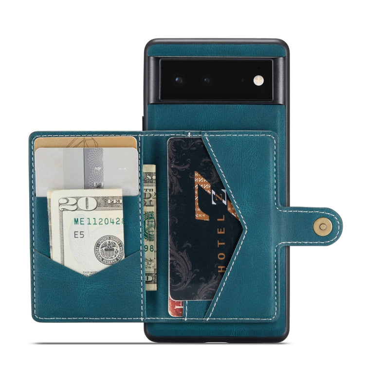 Magnetic detachable wallet phone case, teal leather-style with card pockets and wrist strap