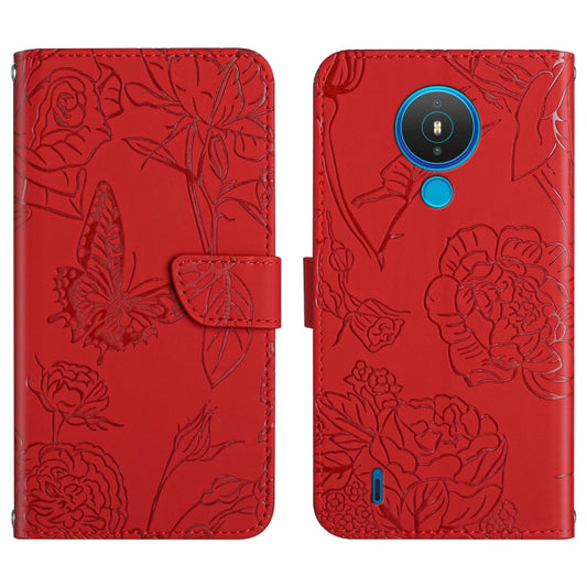 Red embossed floral butterfly leather phone case front and back with camera cutout