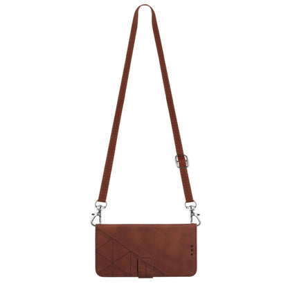 Brown crossbody wallet-style phone case with embossed geometric panel and strap