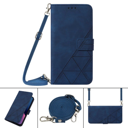 Blue embossed flip leather phone case with crossbody strap and buckle closure