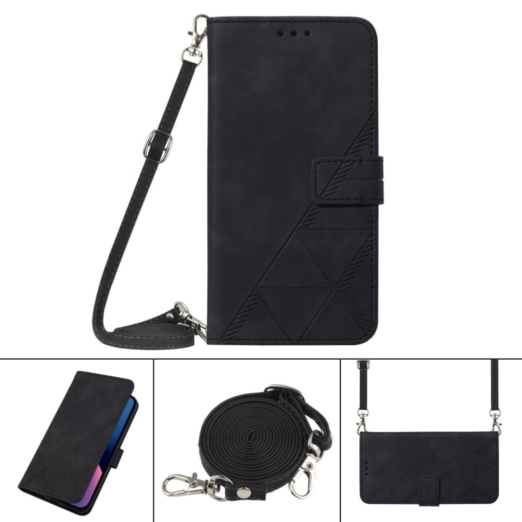 Black crossbody flip phone case with 3D embossed pattern and attached strap