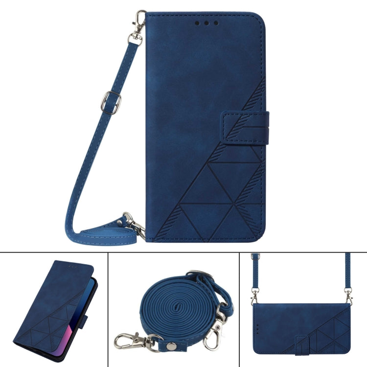Blue flip leather phone case with crossbody strap and 3D embossed geometric detail