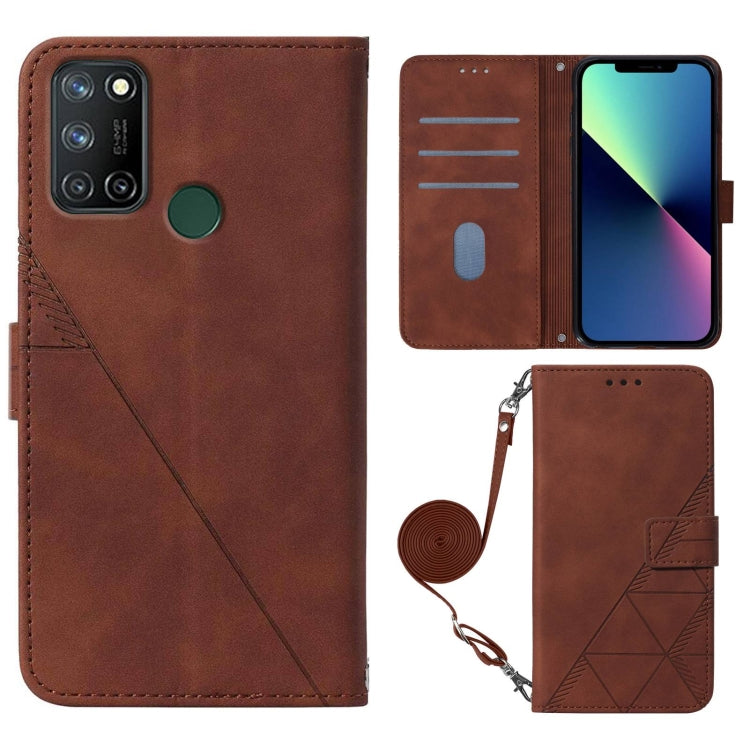 Brown flip phone case wallet style with geometric emboss, card slots, and crossbody strap