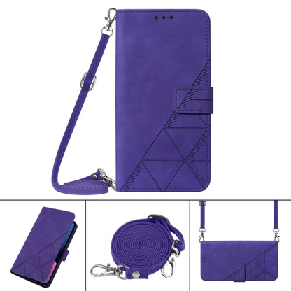 Purple 3D embossed flip leather phone case with crossbody strap and snap closure