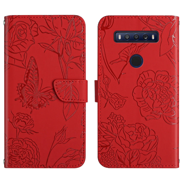 Red embossed leather-look phone case with butterfly and flower pattern, folio with strap