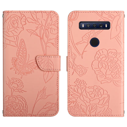 Pink embossed butterfly and peony leather phone case with folio-style cover and flower pattern