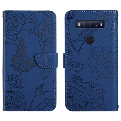 Blue embossed leather phone case with butterfly and peony floral pattern, folio wallet style.