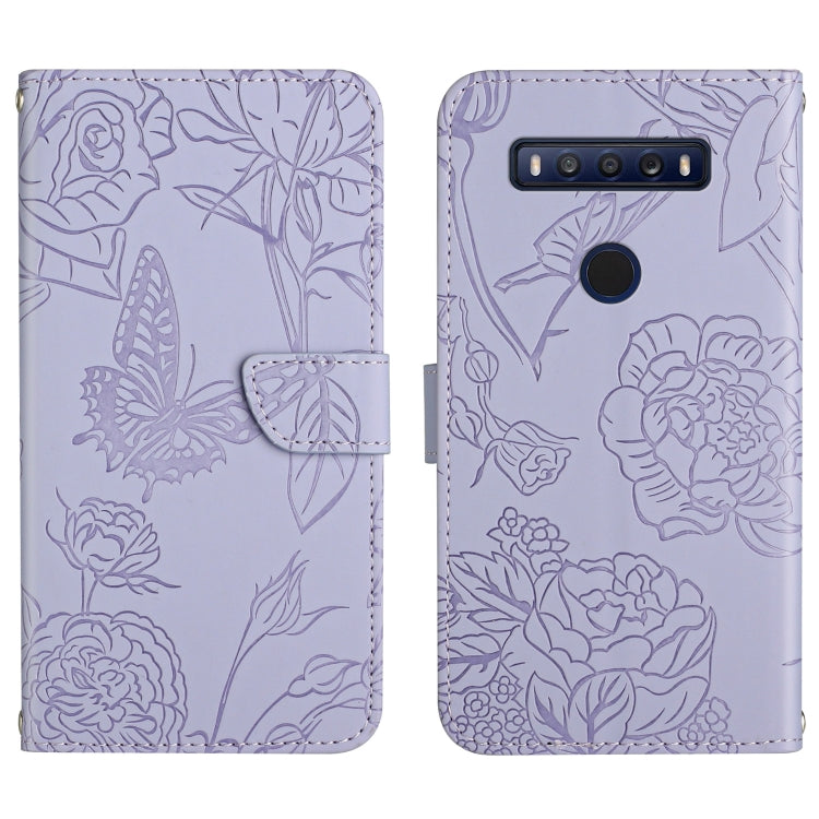 Lavender embossed leather phone case with butterfly and peony floral pattern, folio wallet style.
