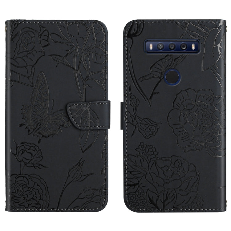 Black embossed leather phone case with peony and butterfly texture, flip cover and slot