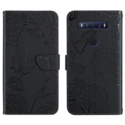 Black embossed leather phone case with peony and butterfly texture, flip cover and slot