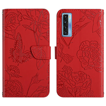 Red embossed leather-look phone case with butterfly and flower pattern, front and back views
