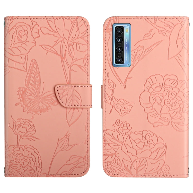Pink embossed butterfly and peony leather phone case with folio-style cover and camera cutout