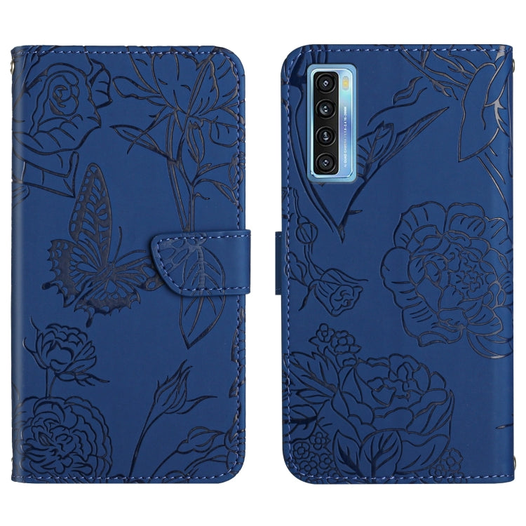 Blue embossed leather phone case with butterfly and peony floral pattern, camera cutouts shown.