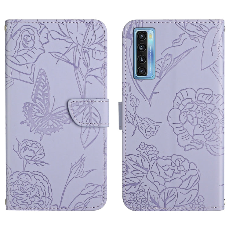 Lavender embossed leather phone case with butterfly and peony floral pattern, camera cutouts shown.
