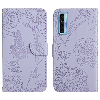 Lavender embossed leather phone case with butterfly and peony floral pattern, camera cutouts shown.