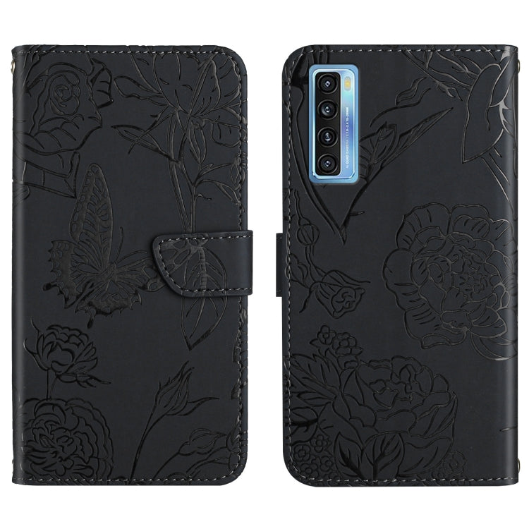 Black embossed leather wallet phone case with peony and butterfly pattern, camera opening