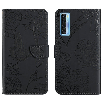 Black embossed leather wallet phone case with peony and butterfly pattern, camera opening