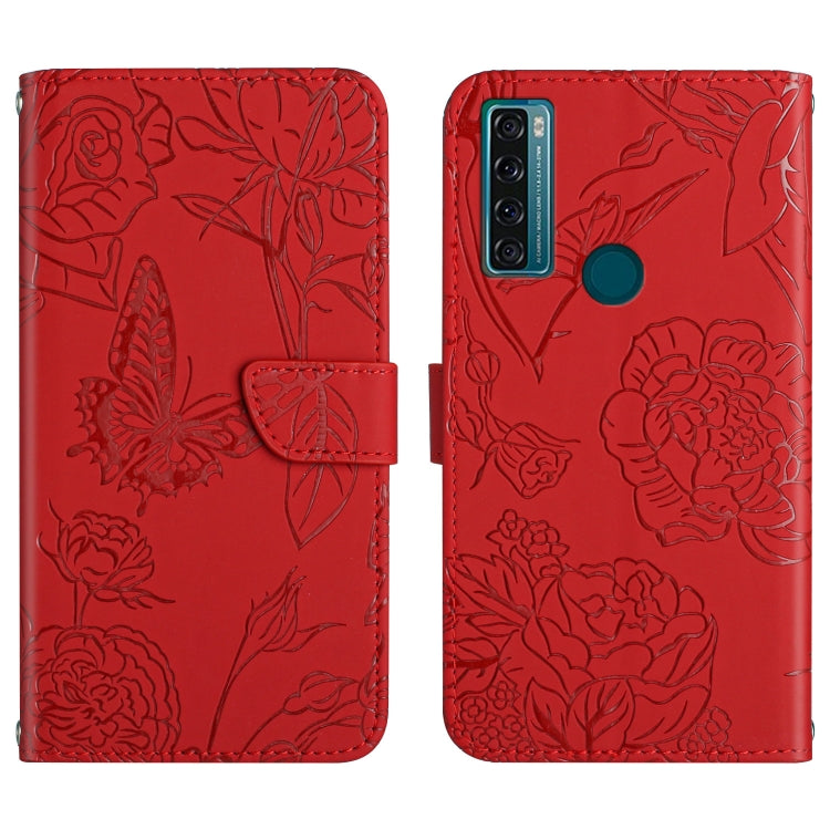 Red embossed leather-look folio phone case with butterfly floral pattern, back camera cutouts