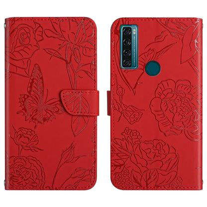 Red embossed leather-look folio phone case with butterfly floral pattern, back camera cutouts