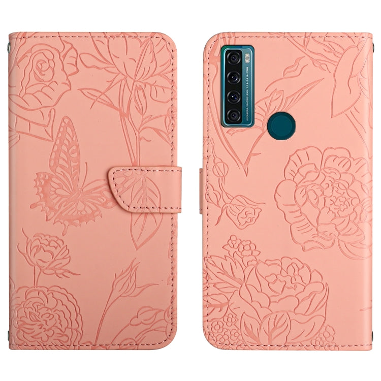 Pink embossed butterfly and peony leather phone case with folio-style cover and side camera