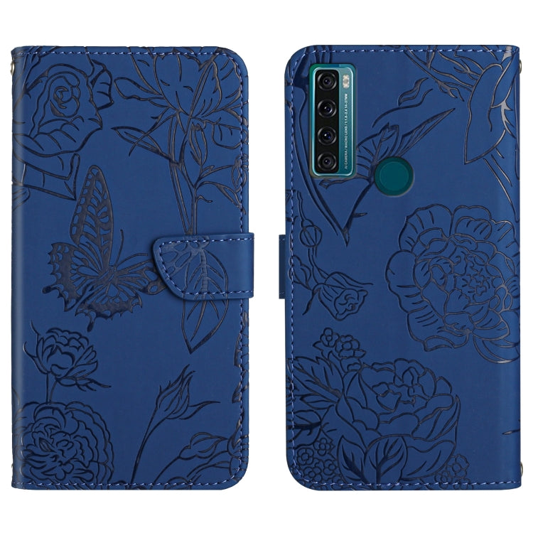 Blue embossed leather phone case with butterfly and peony floral design, back camera area visible.