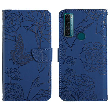 Blue embossed leather phone case with butterfly and peony floral design, back camera area visible.
