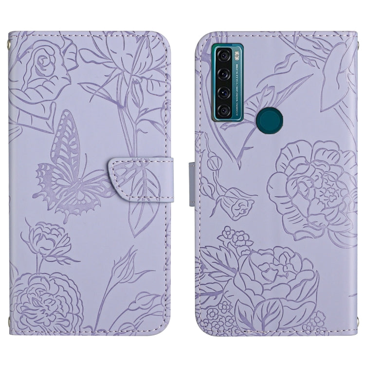 Lavender embossed leather phone case with butterfly and peony floral design, back camera area visible.