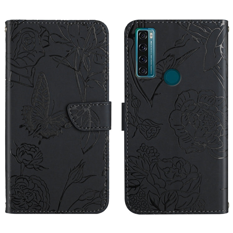 Black embossed leather phone case with peony and butterfly embossing, side camera cutout
