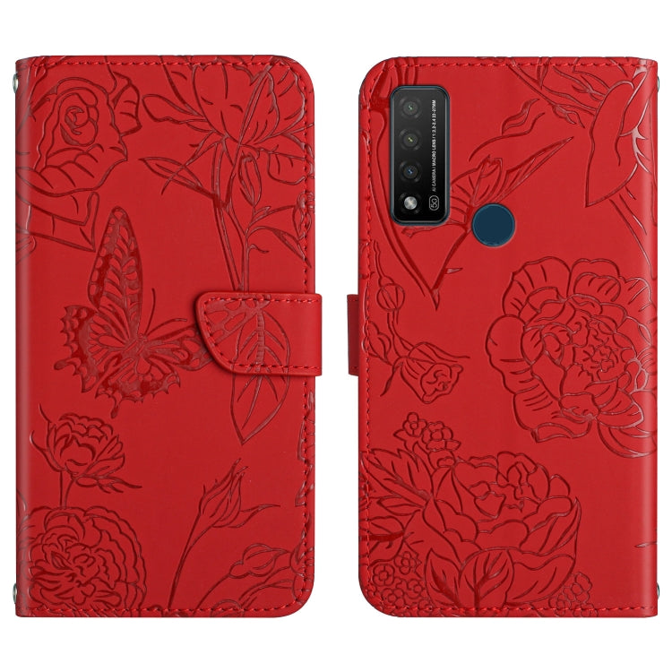 Red embossed leather-look phone case with butterfly floral pattern, side profile and camera cutouts