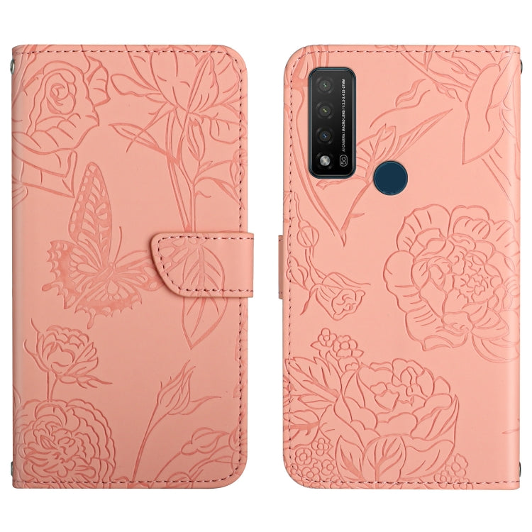 Pink embossed butterfly and peony leather phone case with folio-style cover and dark camera module