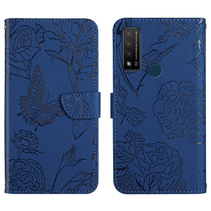 Blue embossed leather phone case with butterfly and peony floral emboss, back camera module visible.