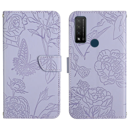 Lavender embossed leather phone case with butterfly and peony floral emboss, rear camera module visible.