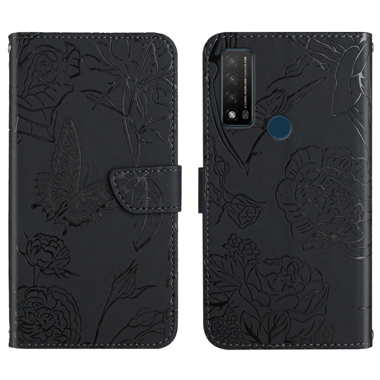 Black embossed leather wallet phone case with peony and butterfly design, flip cover