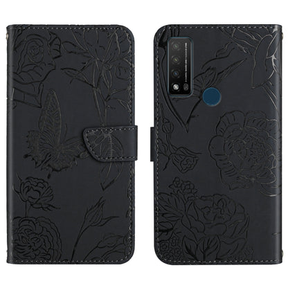 Black embossed leather wallet phone case with peony and butterfly design, flip cover