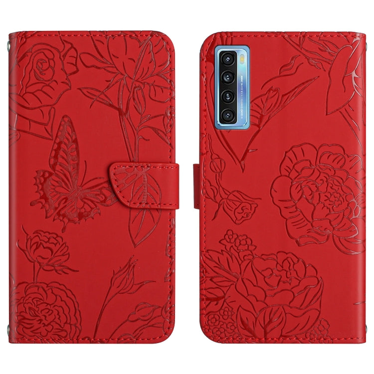 Red embossed butterfly and peony leather phone case with folio-style cover and flower pattern