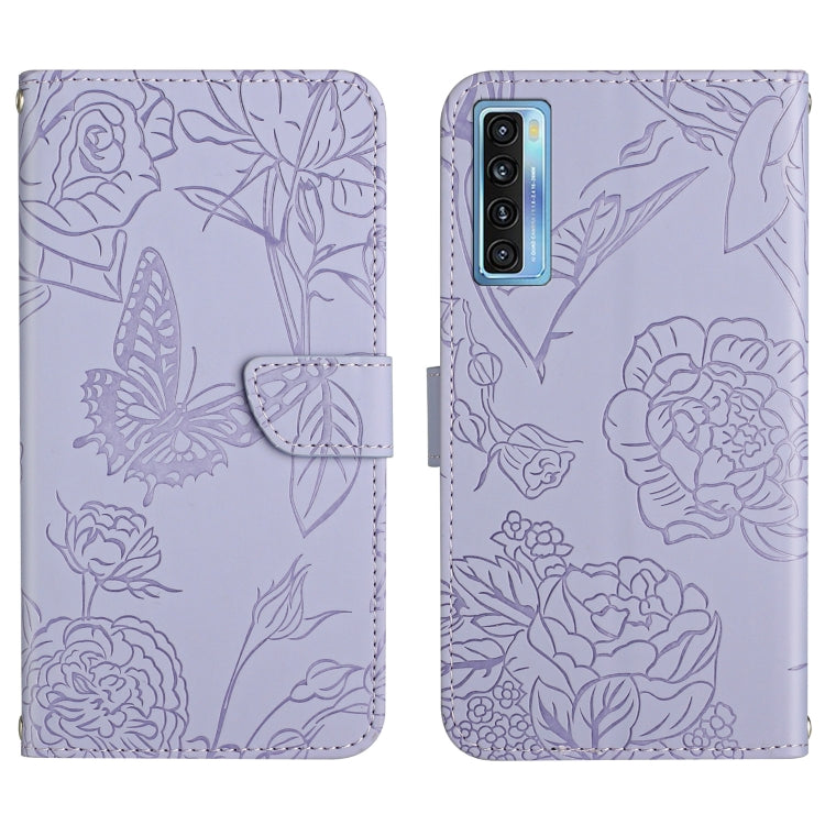 Lavender embossed leather phone case with butterfly and peony pattern, flip cover