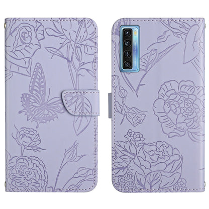 Lavender embossed leather phone case with butterfly and peony pattern, flip cover