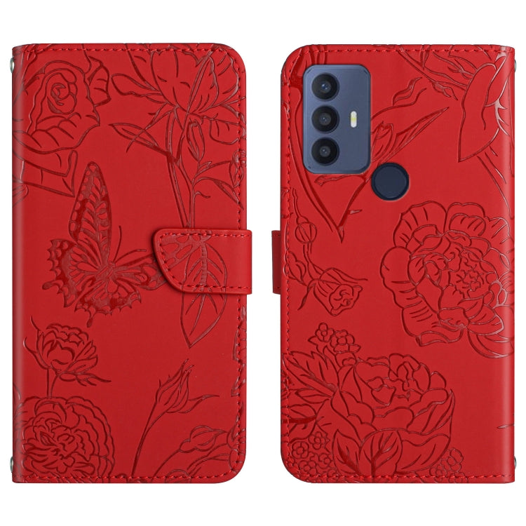Red embossed butterfly and peony leather phone case with folio-style cover and camera cutout
