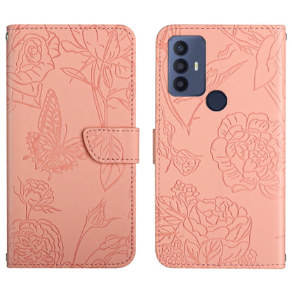 Pink embossed butterfly and peony leather phone case with folio-style cover and circular camera detail