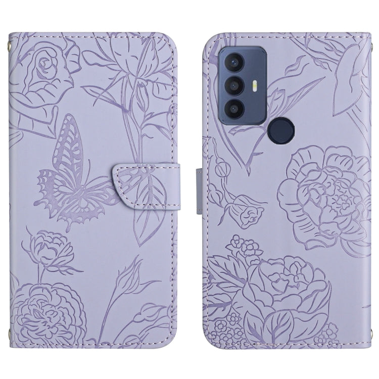 Lavender embossed leather wallet phone case with peony and butterfly design, card slot