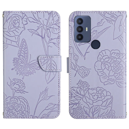 Lavender embossed leather wallet phone case with peony and butterfly design, card slot