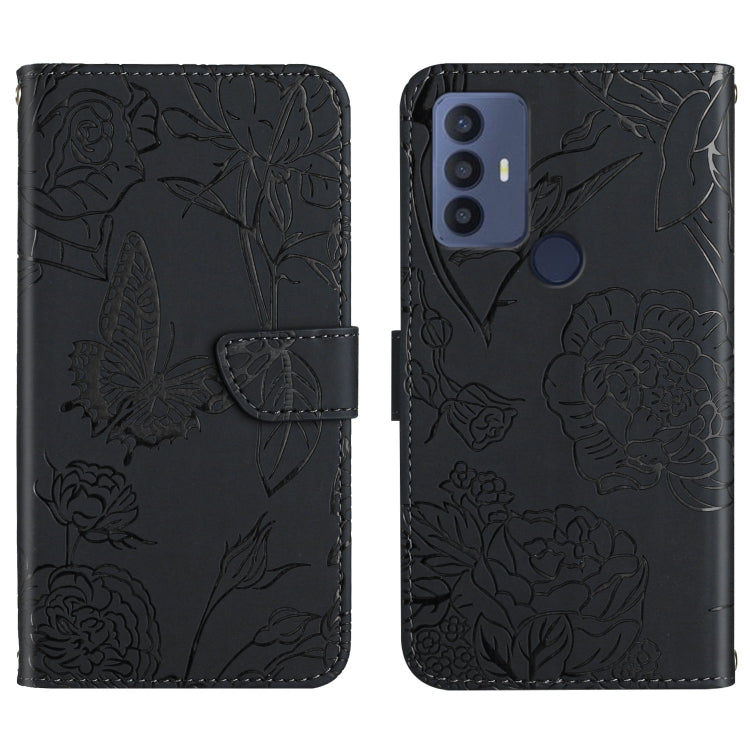 Black embossed leather phone case with peony and butterfly pattern, rear camera window